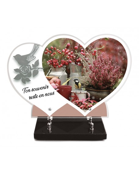 PLAQUE ALTU IMPRIMEE DOUBLE COEUR 27X40 + MOTIF INOX OISEAU