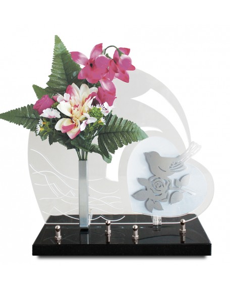 PLAQUE ALTUGLAS 28X33CM AVEC DECOR INOX + FLEURS ARTIFICIELLES