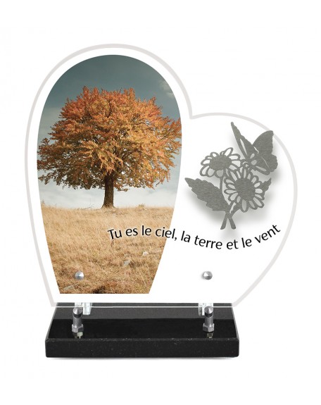 PLAQUE ALTU IMPRIMEE COEUR S/SOCLE 28X27 + MOTIF INOX MARGUERITE