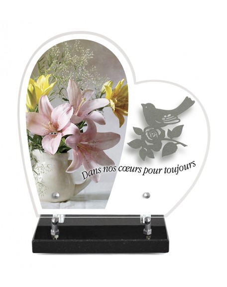 PLAQUE ALTU IMPRIMEE COEUR S/SOCLE 28X27 + MOTIF INOX OISEAU