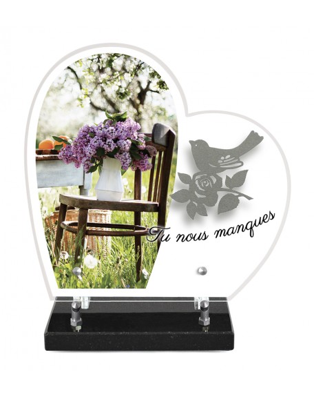 PLAQUE ALTU IMPRIMEE COEUR S/SOCLE 28X27 + MOTIF INOX OISEAU