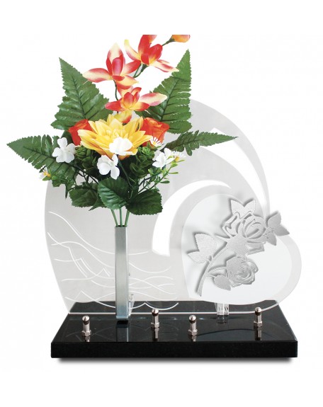 PLAQUE ALTUGLAS 28X33CM AVEC DECOR INOX + FLEURS ARTIFICIELLES