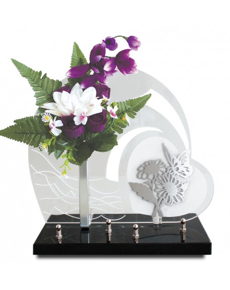 PLAQUE ALTUGLAS 28X33CM AVEC DECOR INOX + FLEURS ARTIFICIELLES