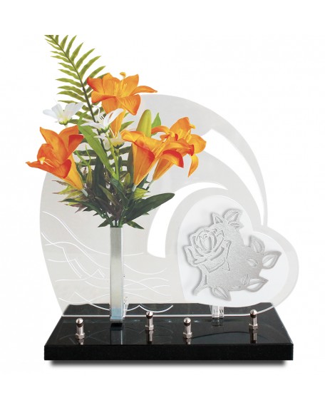 PLAQUE ALTUGLAS 28X33CM AVEC DECOR INOX + FLEURS ARTIFICIELLES