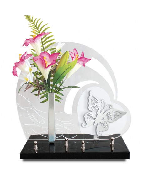 PLAQUE ALTUGLAS 28X33CM AVEC DECOR INOX + FLEURS ARTIFICIELLES