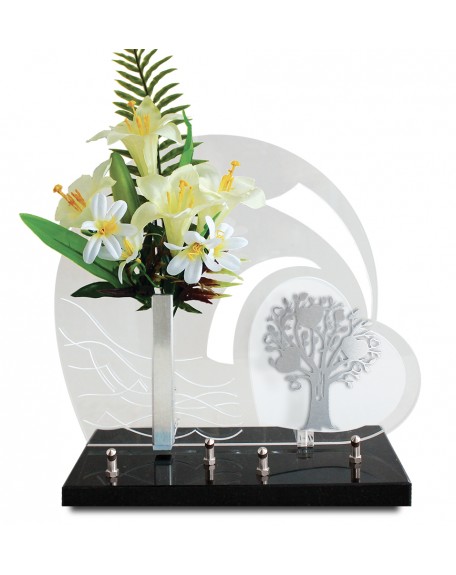 PLAQUE ALTUGLAS 28X33CM AVEC DECOR INOX + FLEURS ARTIFICIELLES