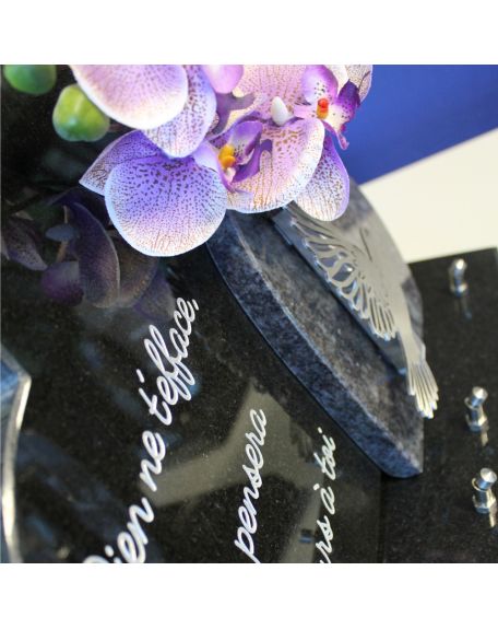 PLAQUE GRANIT 26X40CM MOTIFS INOX + TEXTE GRAVE ARGENT