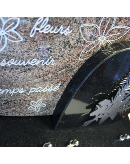 PLAQUE GRANIT 26X40CM MOTIFS INOX + TEXTE GRAVE ARGENT