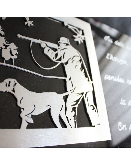 PLAQUE GRANIT NOIR 25X35CM DECOR INOX +TEXTE ARGENTE