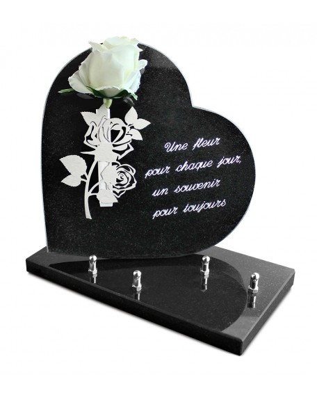 PLAQUE GRANIT COEUR 26X26CM SOLIFLORE INOX +TEXTE ARGENT