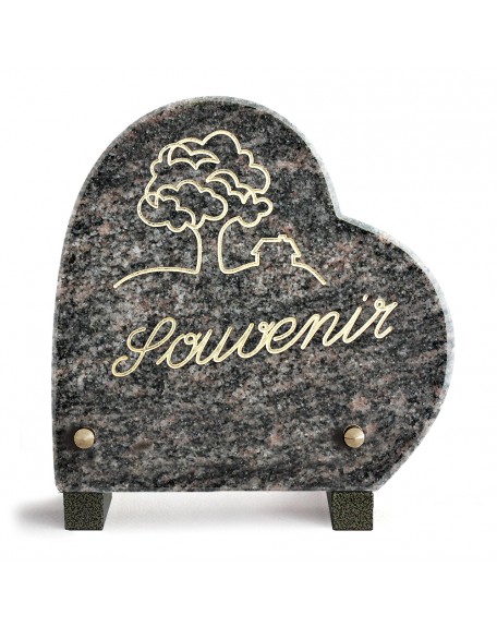 PLAQUE GRANIT COEUR 18X18 TEXTE+MOTIF GRAVES OR