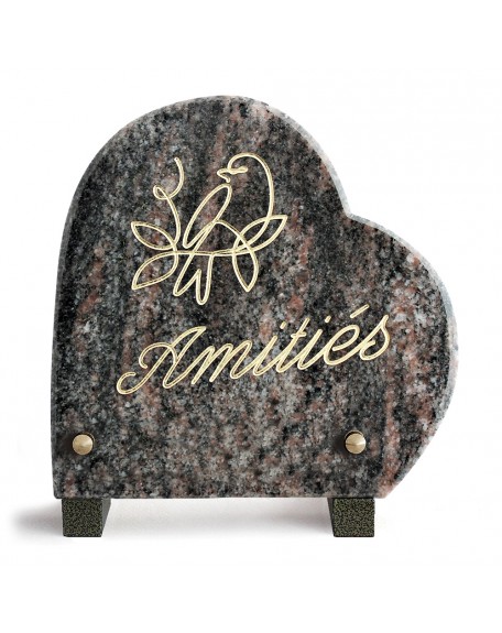 PLAQUE GRANIT COEUR 18X18 TEXTE+MOTIF GRAVES OR