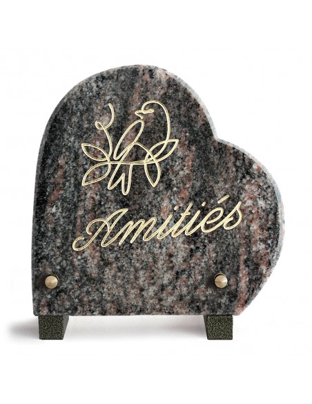 PLAQUE GRANIT COEUR 18X18 TEXTE+MOTIF GRAVES OR