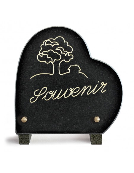 PLAQUE GRANIT COEUR 18X18 TEXTE+MOTIF GRAVES OR