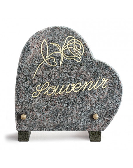 PLAQUE GRANIT COEUR 18X18 TEXTE+MOTIF GRAVES OR