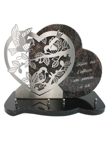 PLAQUE GRANIT COEUR 30X39CM MOTIF INOX + TEXTE GRAVE ARGENT