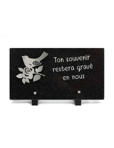 PLAQUE GRANIT NOIR 15X28CM DECOR INOX + TEXTE GRAVE