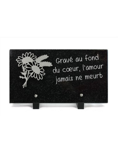 PLAQUE GRANIT NOIR 15X28CM DECOR INOX + TEXTE GRAVE