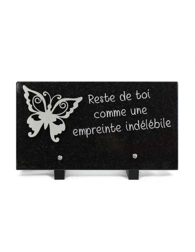 PLAQUE GRANIT NOIR 15X28CM DECOR INOX + TEXTE GRAVE