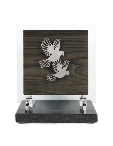 PLAQUE BOIS + MOTIF INOX COLOMBES 18.5X18.5CM