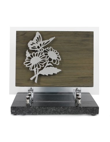 PLAQUE BOIS + MOTIF INOX MARGUERITE 18.5X24CM