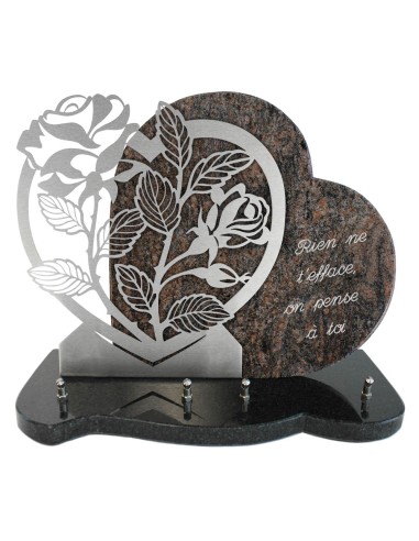 PLAQUE GRANIT COEUR 30X39CM MOTIF INOX + TEXTE GRAVE ARGENT