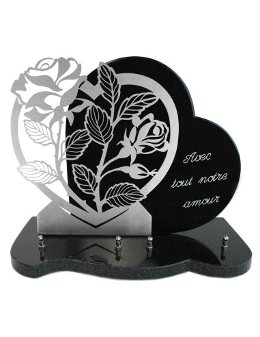 PLAQUE GRANIT COEUR 30X39CM MOTIF INOX + TEXTE GRAVE ARGENT