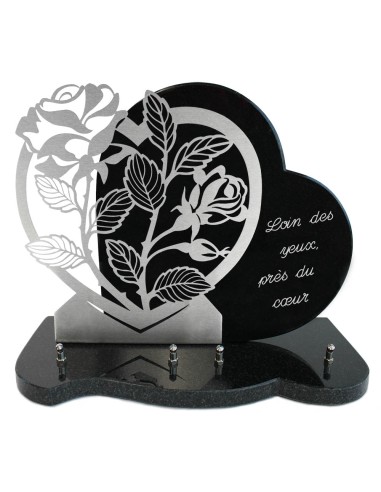 PLAQUE GRANIT COEUR 30X39CM MOTIF INOX + TEXTE GRAVE ARGENT