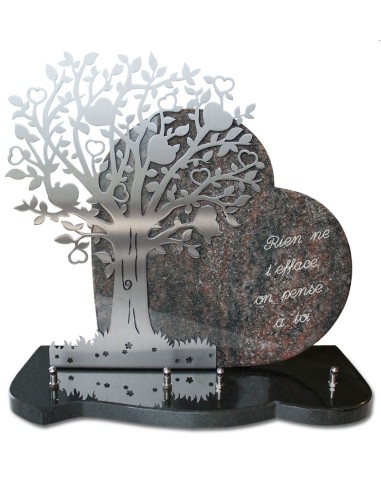 PLAQUE GRANIT COEUR 30X39CM MOTIF INOX + TEXTE GRAVE ARGENT