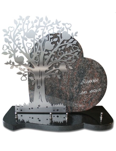 PLAQUE GRANIT COEUR 30X39CM MOTIF INOX + TEXTE GRAVE ARGENT