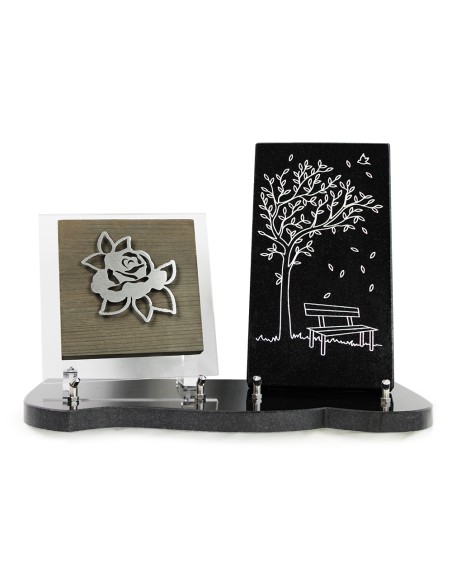 PLAQUE BOIS + MOTIF INOX PLAQUE GRANIT GRAVE ARGENT 24X36CM