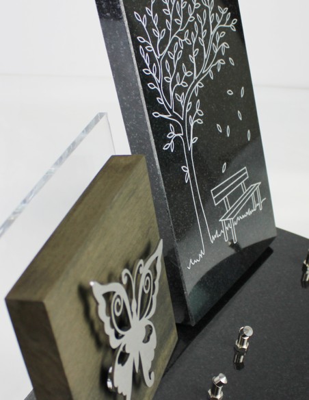 PLAQUE BOIS + MOTIF INOX PLAQUE GRANIT GRAVE ARGENT 24X36CM
