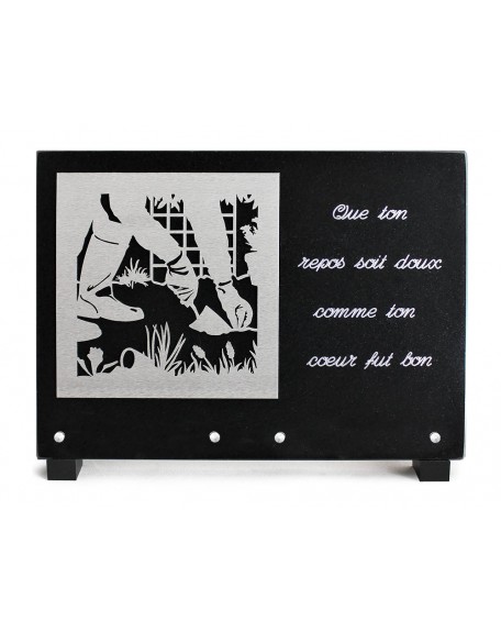 PLAQUE GRANIT NOIR 25X35CM DECOR INOX+TEXTE ARGENTE