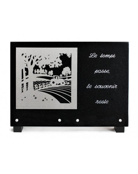 PLAQUE GRANIT NOIR 25X35CM DECOR INOX+TEXTE ARGENTE