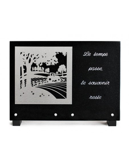 PLAQUE GRANIT NOIR 25X35CM DECOR INOX+TEXTE ARGENTE