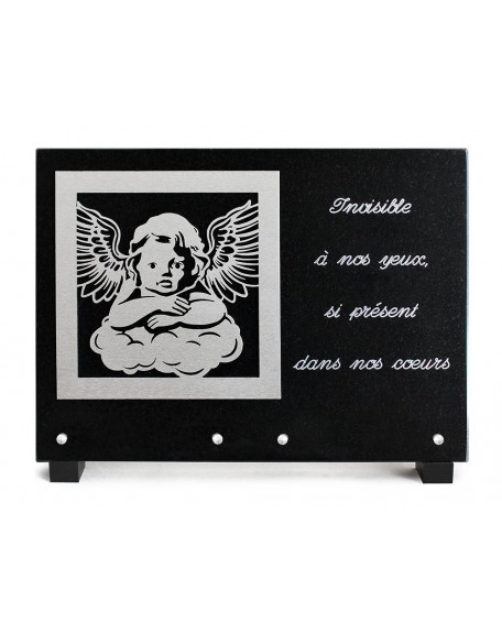 PLAQUE GRANIT NOIR 25X35CM DECOR INOX+TEXTE ARGENTE