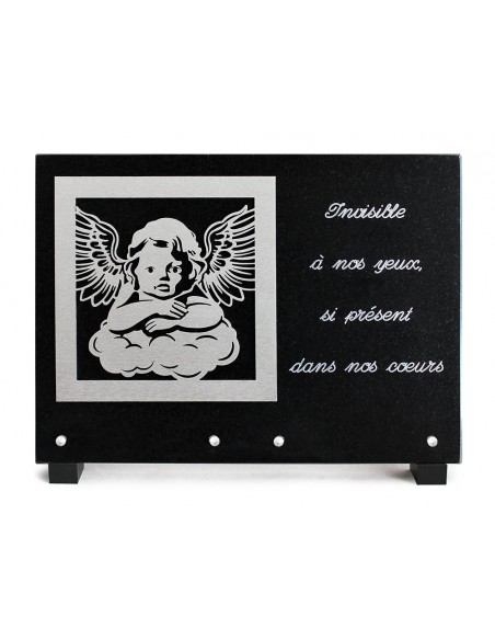 PLAQUE GRANIT NOIR 25X35CM DECOR INOX+TEXTE ARGENTE