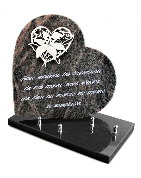 PLAQUE GRANIT COEUR  26X26CM DECOR INOX +TEXTE ARGENT