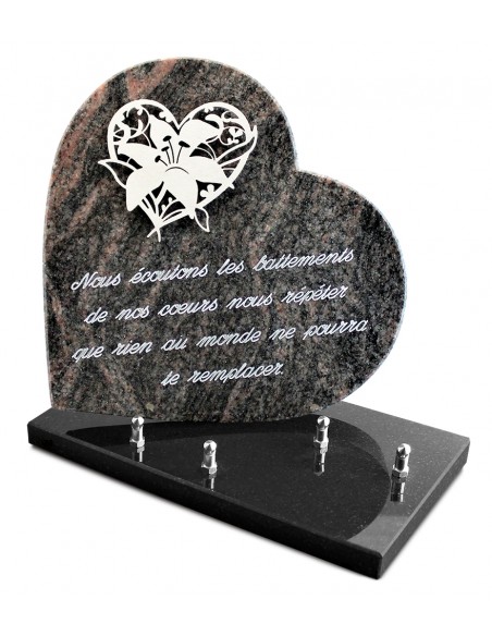 PLAQUE GRANIT COEUR  26X26CM DECOR INOX +TEXTE ARGENT