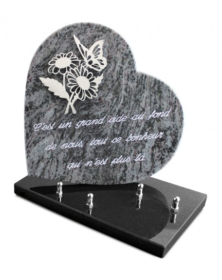 PLAQUE GRANIT COEUR  26X26CM DECOR INOX +TEXTE ARGENT