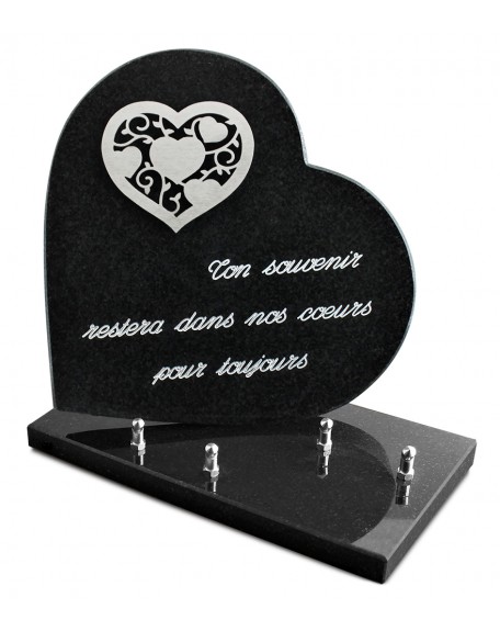 PLAQUE GRANIT COEUR  26X26CM DECOR INOX +TEXTE ARGENT