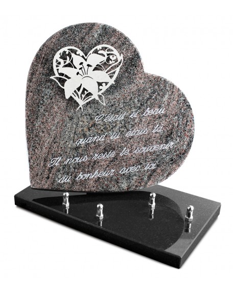 PLAQUE GRANIT COEUR  26X26CM DECOR INOX +TEXTE ARGENT