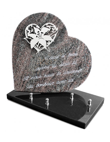 PLAQUE GRANIT COEUR  26X26CM DECOR INOX +TEXTE ARGENT