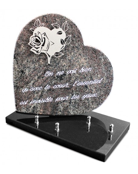 PLAQUE GRANIT COEUR  26X26CM DECOR INOX +TEXTE ARGENT