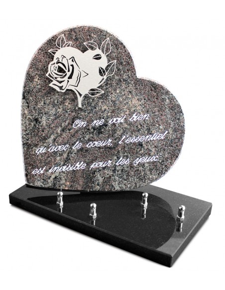 PLAQUE GRANIT COEUR  26X26CM DECOR INOX +TEXTE ARGENT