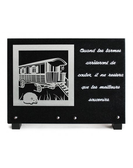 PLAQUE GRANIT NOIR 25X35CM DECOR INOX +TEXTE ARGENTE