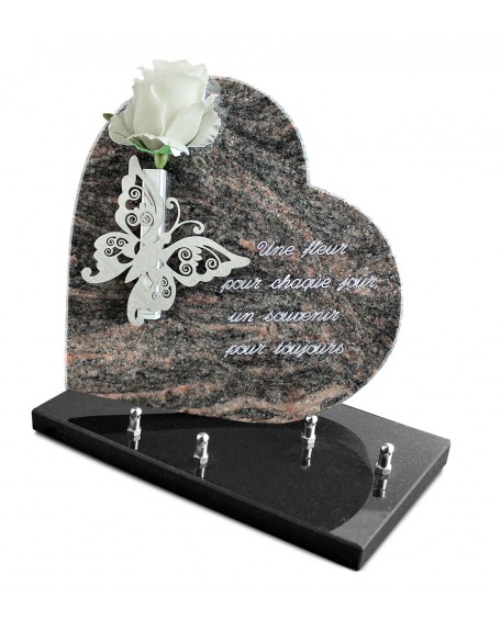 PLAQUE GRANIT COEUR 26X26CM SOLIFLORE INOX +TEXTE ARGENT