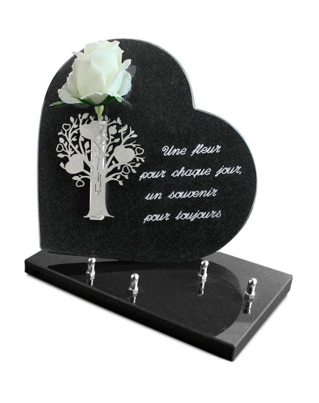 PLAQUE GRANIT COEUR 26X26CM SOLIFLORE INOX +TEXTE ARGENT