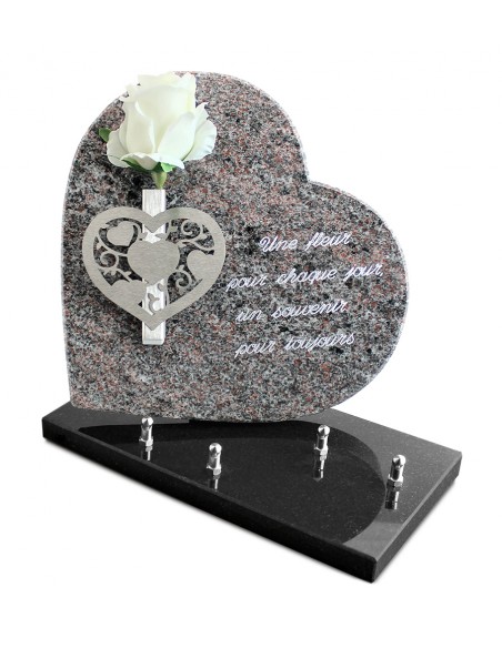 PLAQUE GRANIT COEUR 26X26CM SOLIFLORE INOX +TEXTE ARGENT